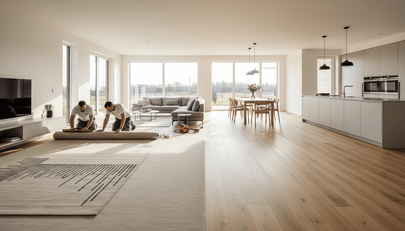Professional flooring installation showing beautiful new carpet and hardwood in a residential home